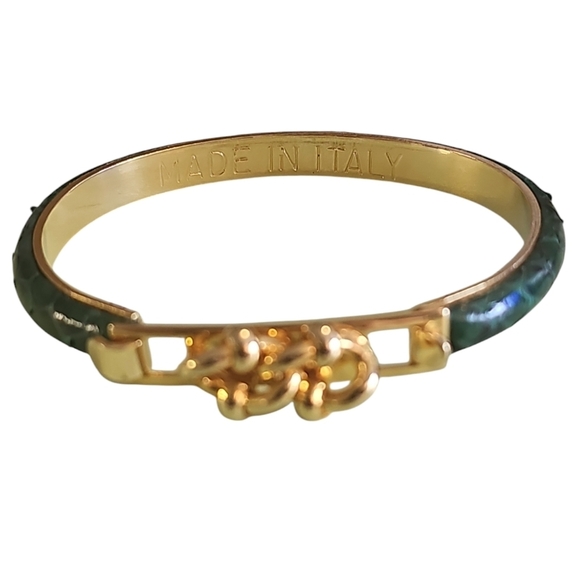 Made In Italy Green Leather Cuff Gold Tone Two Link Chain Bracelet - Picture 1 of 8